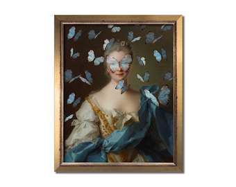 Altered Vintage Portrait Eclectic Print Maximal Wall Art Female Surreal Rococo Baroque Decor Feminine Gold Blue Butterflies Oil Painting