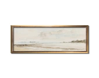 Panoramic Coastal Wall Art, Vintage Watercolor Seascape Digital Download, 3:1 Neutral Beach Landscape, Long Horizontal Bay Print