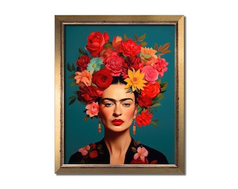 Frida Kahlo print, Frida Kahlo art, Frida Kahlo gifts, Surreal portrait print, Altered wall decor, Flower head artwork, Maximal floral print