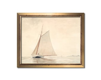 Beach cottage print, Coastal wall art, Sailing gift, Sailboat, Muted seascape, Vintage watercolor painting, Nautical, Ocean beach home decor