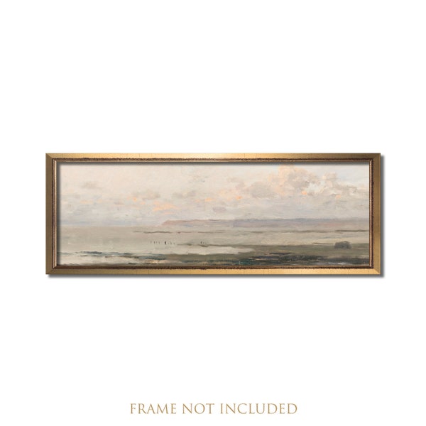 Panoramic landscape art, Rolled canvas print, Vintage oil painting, Hazy beach art, Farmhouse above bed print, 10x30 inch horizontal artwork