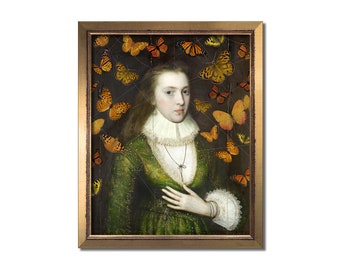 Vintage altered portrait oil painting, Eclectic wall art, Alter print, Surreal butterfly collage decor, Female Tudor lady, Antique artwork