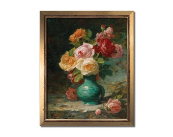 Floral print, Floral wall art, Still life painting, Floral art, Floral painting, Bouquet of roses, Flower vintage art, Antique oil painting