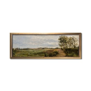 Modern farmhouse panoramic wall art, Landscape oil painting, Above bed vintage artwork, Long narrow horizontal canvas, Antique country print