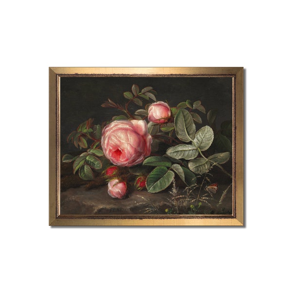 Vintage floral painting, Moody floral print, Eclectic oil painting, Antique artwork, Pink flower wall art, Botanical still life, Rose décor