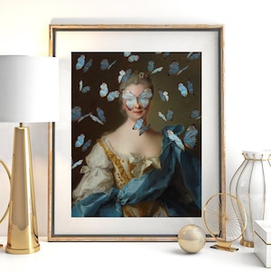 Alter Art Vintage Portrait Rococo Eclectic Wall Altered Oil Painting Prints Surreal Baroque Butterfly Print Female Feminine Pastel Blue Gold image 2