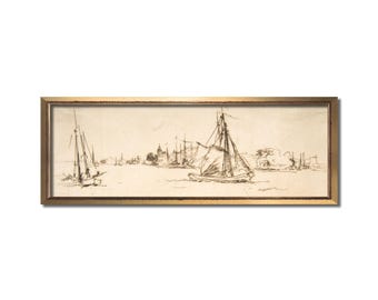 Panoramic Sailboat Sketch Print, Vintage Nautical Harbor Art (Digital Download)