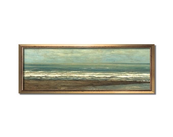 Seascape painting, Vintage wall art, Blue vintage art, Antique ocean print, Wave oil painting, Panoramic wall art, Seafoam beach artwork