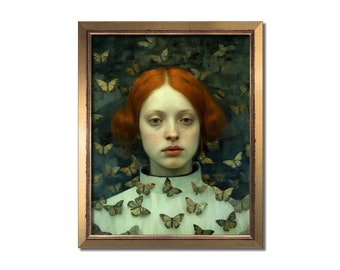 Alter art portrait painting, Surreal moody print, Female wall art, Fantasy butterfly poster, Eclectic artwork, Maximalist apartment decor