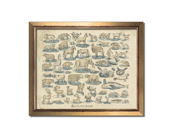 Vintage art prints, Muted nursery wall art, Animal studies, Vintage Noah's Ark, Antique sketch, Primitive decor, Rustic beige blue drawing