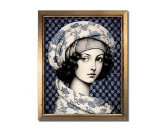 Female portrait painting, Woman print, Blue pattern prints, Elegant wall art, Art Deco print, Italian fashion artwork, Eclectic textile art