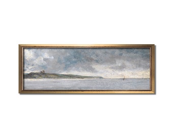 Panoramic wall art, Landscape oil painting, Above bed vintage artwork, Long narrow horizontal canvas, Modern farmhouse, Antique ocean print