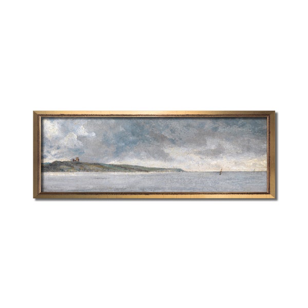 Panoramic wall art, Landscape oil painting, Above bed vintage artwork, Long narrow horizontal canvas, Modern farmhouse, Antique ocean print