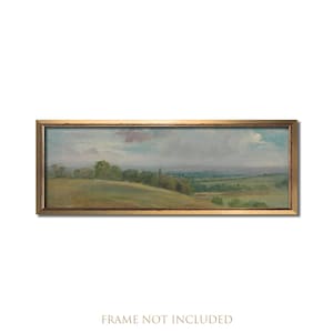 May include: A painting of a landscape with a rolling green hill in the foreground, a line of trees in the middle ground, and a distant view of a valley with more trees and a cloudy sky.