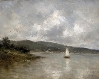 Sailboat Lake Print, Vintage Landscape Wall Art, Moody Cloudy Sky Painting, Tonalist Lake House Decor, Rustic Neutral Nature Art