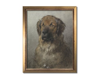 Vintage dog print, Vintage dog oil painting, Pet portrait painting, Antique dog painting, Leonberger puppy, Dog print, Vintage dog wall art