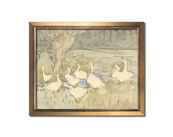 Vintage ducks watercolor painting, Antique art print, Farm animal nursery prints, Rustic wall art, Muted farmhouse decor, Cute duck artwork