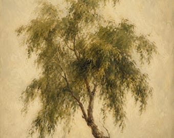 Vintage Willow Tree Print, Tonalist Landscape Wall Art, Rustic Cottagecore Tree Painting, Neutral Botanical Art Print