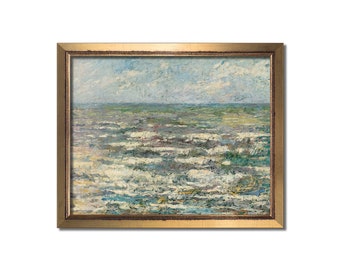 Vintage seascape print, Seacoast art, Abstract ocean art, Antique oil painting, Calm wave canvas prints, Surf beach artwork, Blue wall art