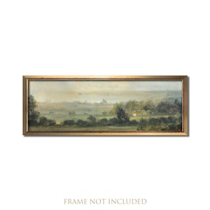 Landscape wall art, Vintage art, Antique landscape painting, Landscape print, Vintage oil painting, Panoramic art, Calm valley, Farm artwork image 1