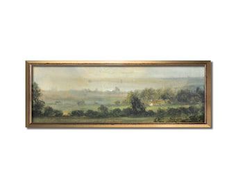 Landscape wall art, Vintage art, Antique landscape painting, Landscape print, Vintage oil painting, Panoramic art, Calm valley, Farm artwork