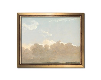 Vintage cloud art, Antique sky oil painting, Countryside print, Rustic landscape wall art, Minimalist blue artwork, Farmhouse wall decor,