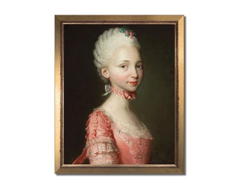 Rococo Woman Painting Portrait, Pink French Antique Wall Art