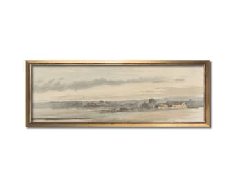 Watercolor painting, Panorama wall art, Hazy long landscape print, Neutral farmhouse decor, Muted 10x30 above bed art, Antique 12x36 artwork