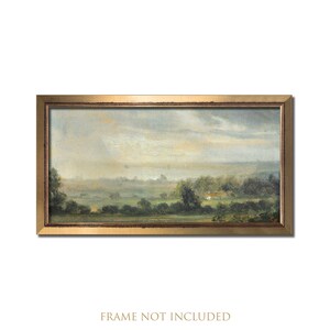 Landscape print, Vintage wall art, Antique landscape painting, Panoramic art, Hazy river valley, Green countryside, Rustic farmhouse artwork