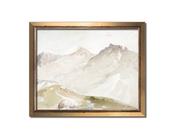 Vintage art, Landscape painting, Mountain print, Muted watercolor wall art, Modern farmhouse decor, Neutral nursery, Calm artwork for walls