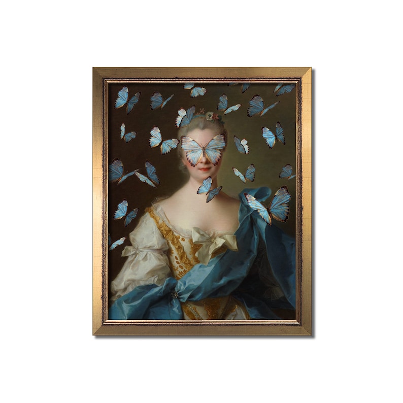 Alter Art Vintage Portrait Rococo Eclectic Wall Altered Oil Painting Prints Surreal Baroque Butterfly Print Female Feminine Pastel Blue Gold image 1