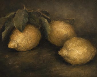Vintage Lemon Still Life Print, Moody Kitchen Wall Art, Rustic Fruit Oil Painting, Dark Academia Lemon Art, French Country Decor