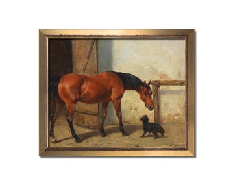Horse painting, Horse art print, Equestrian decor, Vintage farm oil painting, Antique Farmhouse, Horse stable, Equine artwork, Barn print