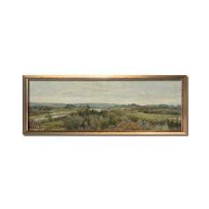 May include: A framed landscape painting depicting a river winding through a field of green grass and trees under a cloudy sky.