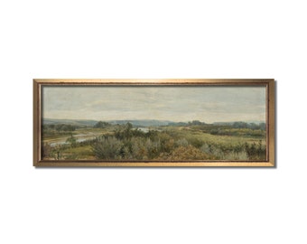 Farmhouse River Landscape Painting, Long Horizontal Canvas (Digital Download)
