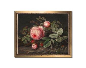 Floral painting, Vintage artwork, Dark floral print, Moody feminine wall art, Eclectic flower art print, Antique pink wild rose oil painting