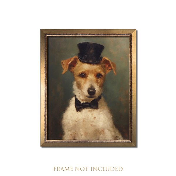 Funny dog portrait print, Dog painting, Puppy print, Terrier, Vintage dog painting, Antique pet portrait, Puppy wall art, Top hat, Bow tie