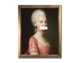 Alter Art vintage portrait rococo éclectique mural retouché peinture à l'huile impressions impression baroque surréaliste femme féminin pastel corail rose blanc