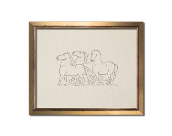 Vintage Horses Sketch on Muted Beige Canvas Background: Minimalist Farmhouse Wall Decor Art Print