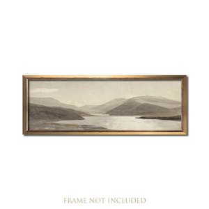 Panoramic wall art, Landscape painting, Long oil painting, 12x36 print, 10x30 painting, Muted above bed art, Watercolor mountain lake print