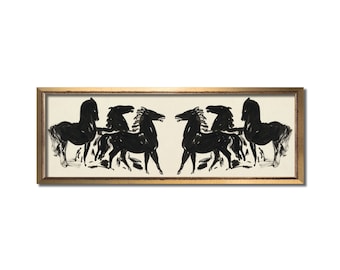 Horse art, Horse painting, Vintage horse print, Antique horse print, Vintage horse painting, Equestrian decor, Panoramic art, Equine gifts