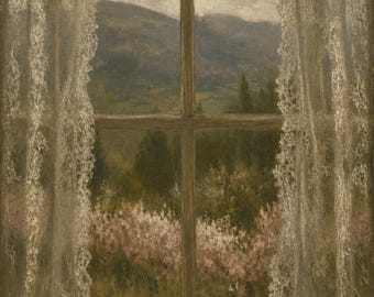 Window View Art Print, Vintage Mountain Landscape Wall Art, Lace Curtain Painting, Cottagecore French Country Decor, Fine Art Print