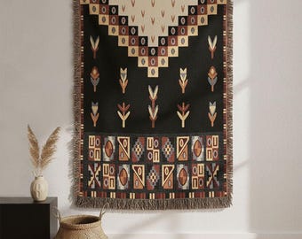 Inca Woven Blanket: 100% Cotton Throw with Fringes | Geometric & Floral Pattern Boho Home Decor