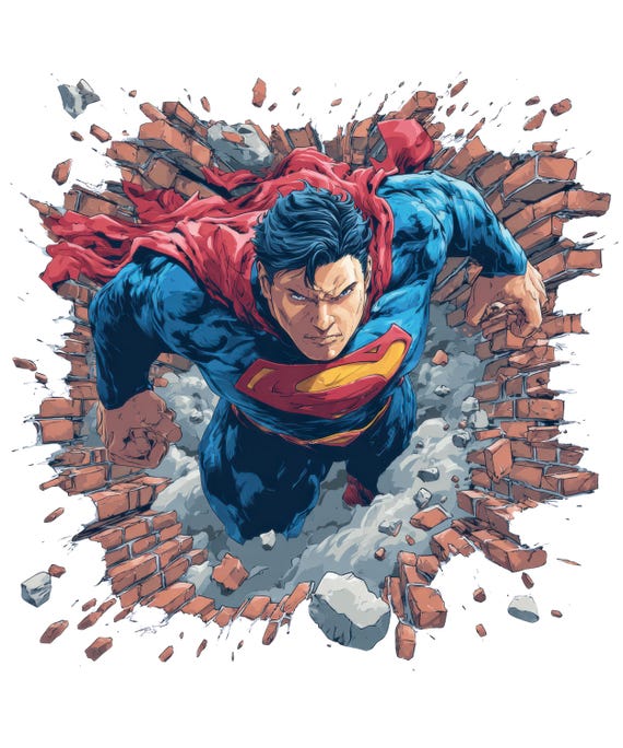Flying Super Hero Breaking Wall – Comic PNG Clipart for Shirts, Mugs, Stickers