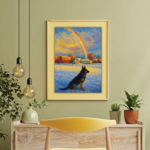 Winter Dog Painting: Rainbow in Snow, Impressionist Art (Digital Download)