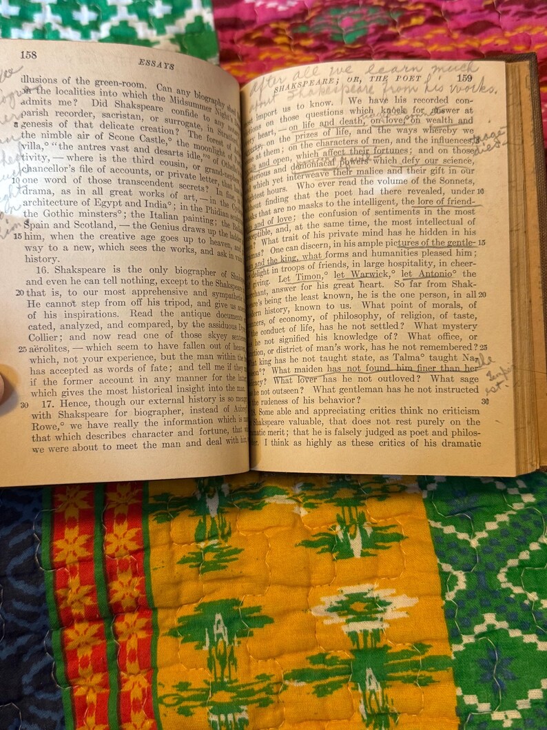 May include: An open book with aged, yellowed pages, featuring handwritten notes and printed text. The book is titled "ESSAYS" and discusses Shakespeare. The background includes a colorful, patterned quilt.