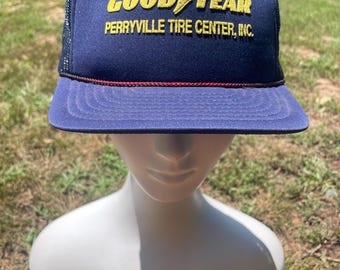 Vintage 90s Snapback Hat Baseball Cap Goodyear Tires Logo Suede