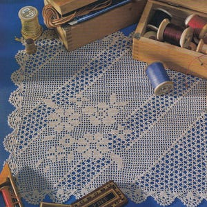 May include: A cream-colored, crocheted doily with a scalloped edge, featuring a floral pattern. Wooden boxes filled with sewing supplies, including spools of thread and needles, are arranged around the doily. A blue background provides a contrasting backdrop.