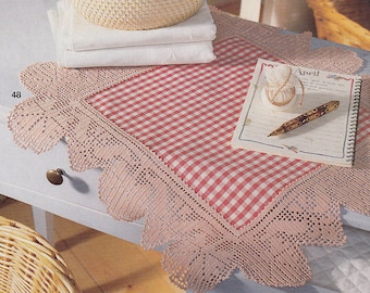 Pattern of Burda special E659_48 square floral filet crochet lace cotton white table cloth runner with roses vintage retro pink frame