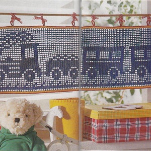 Pattern of Burda special E659_38 baby train filet crochet lace cotton curtains table cloth runner vintage retro blue garland window